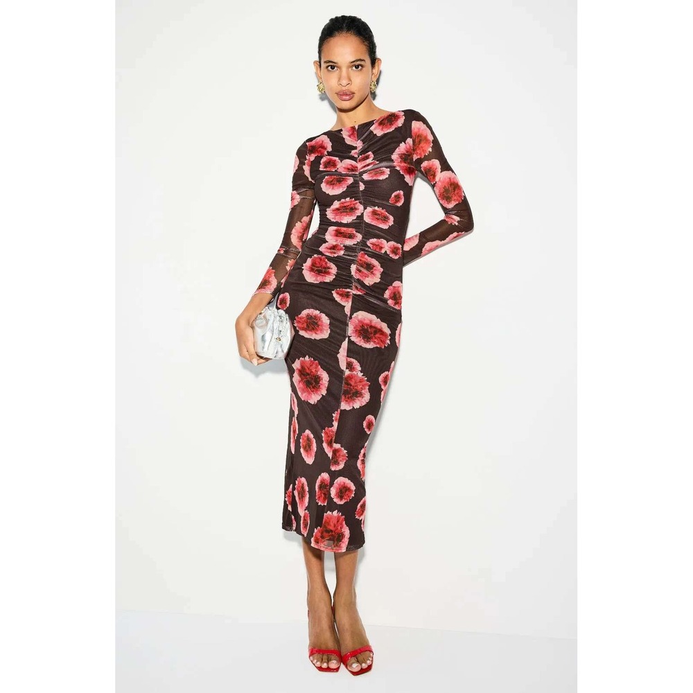 SUBOO Floral Mesh Ruched Long Sleeve Midi Dress Brown Red Size Medium